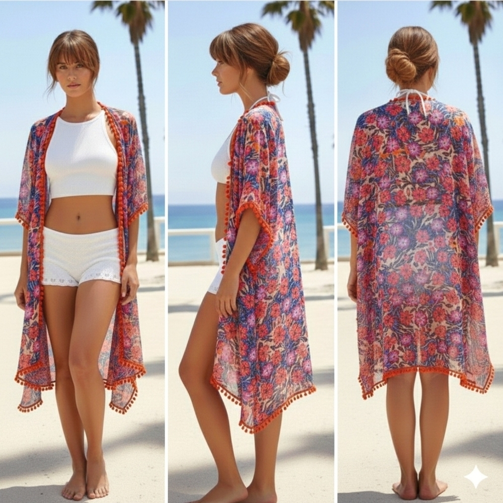 Anthropologie Lulla By Bindya- Pom Pom Tassel Kimono Floral Duster